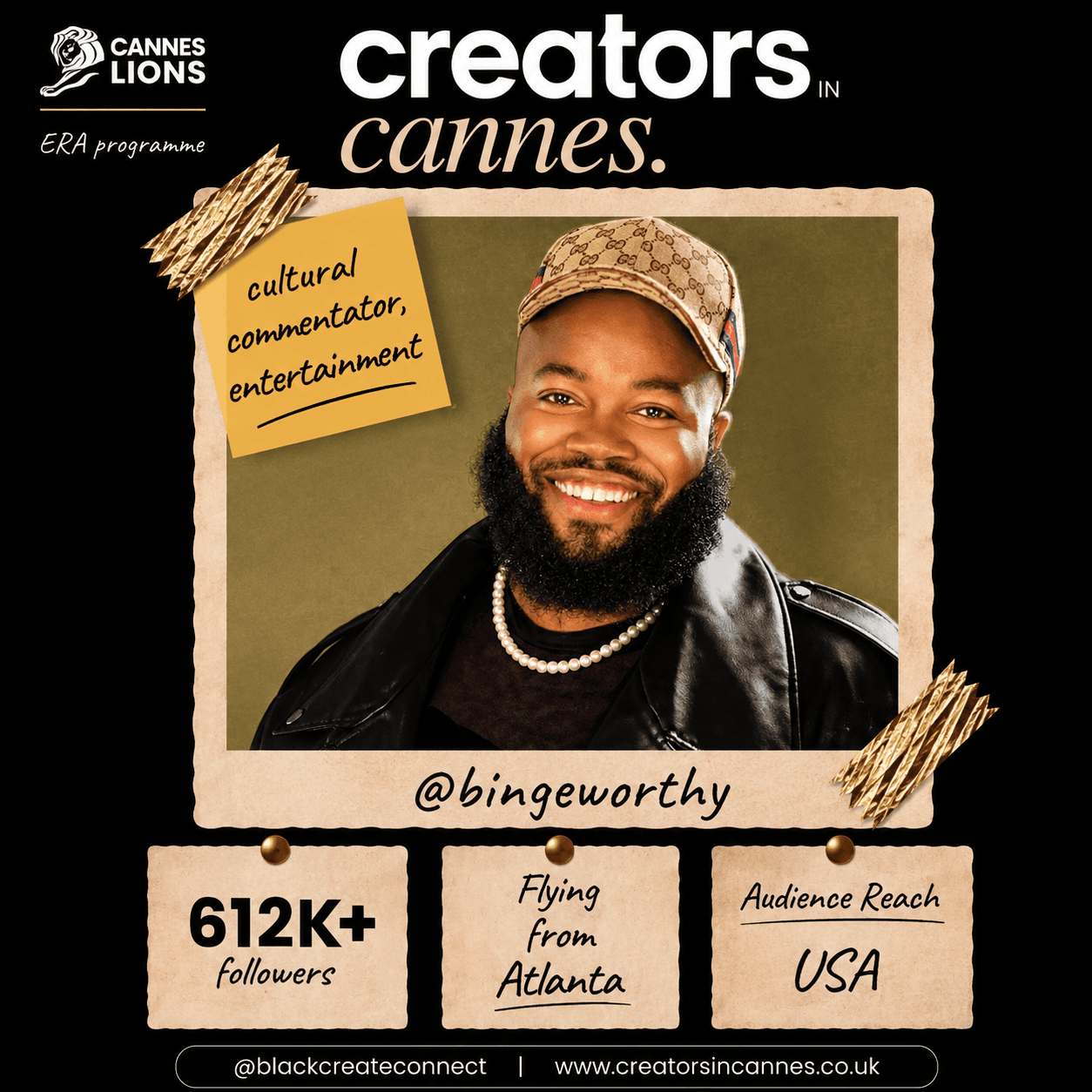 Graphic for Creators in Cannes featuring @bingeworthy, a smiling man in a Gucci cap.