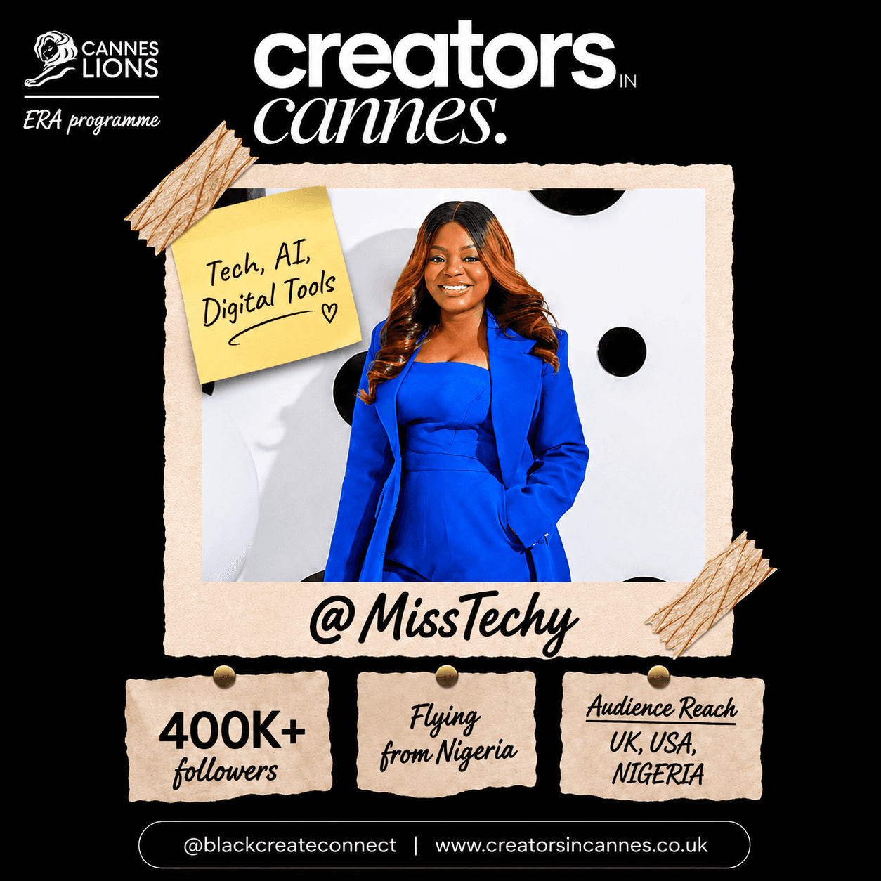 Promotional graphic for @MissTechy, a tech creator from Nigeria attending the Creators in Cannes programme.