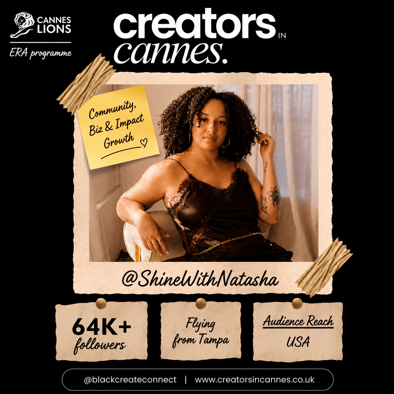 Scrapbook-style graphic for Creators in Cannes featuring @ShineWithNatasha, a creator with 64K+ followers.