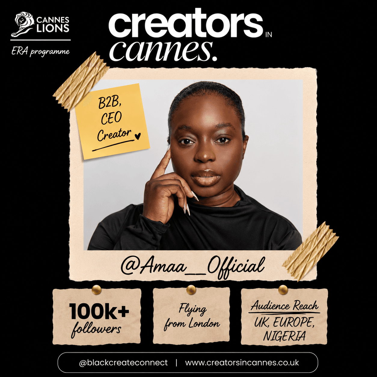 Promotional graphic for Creators in Cannes featuring Amaa Official, a B2B CEO creator.