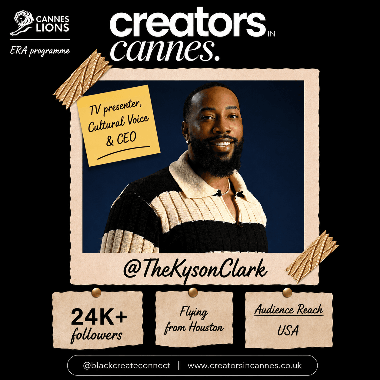 Scrapbook-style graphic featuring Kyson Clark, TV presenter and CEO, for the Creators in Cannes program.