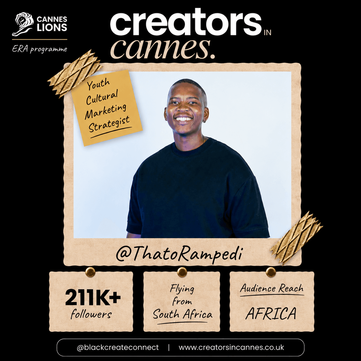 Creators in Cannes graphic featuring Thato Rampedi, a South African youth cultural marketing strategist.