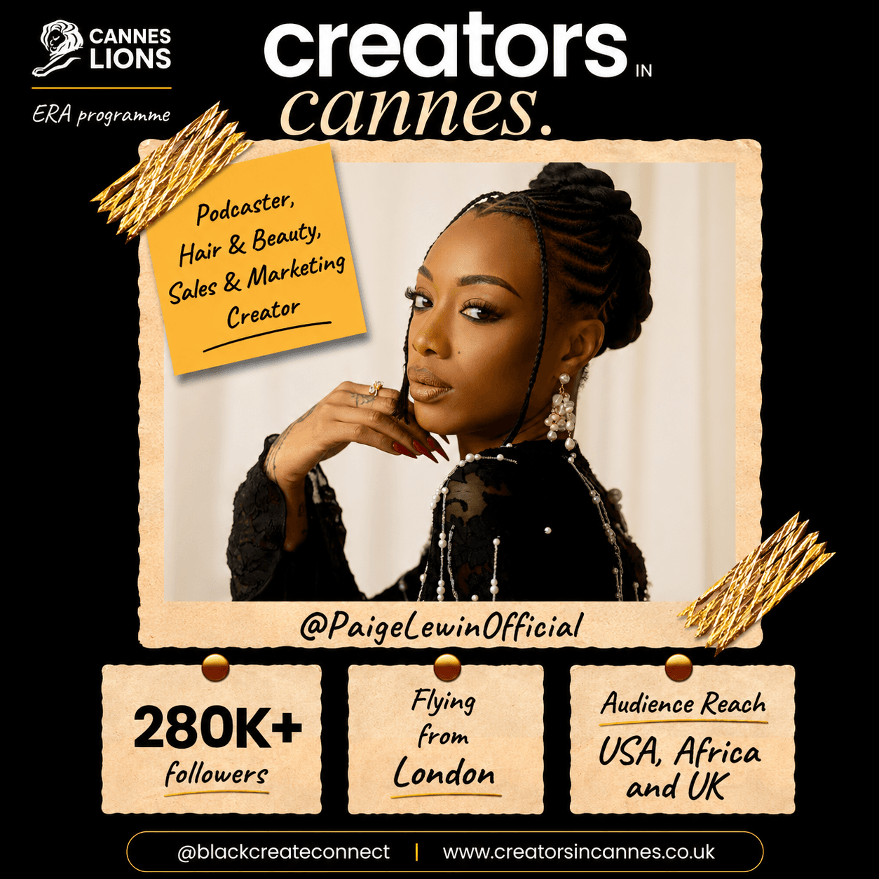 Promotional graphic for Paige Lewin, a podcaster and beauty creator attending Creators in Cannes.
