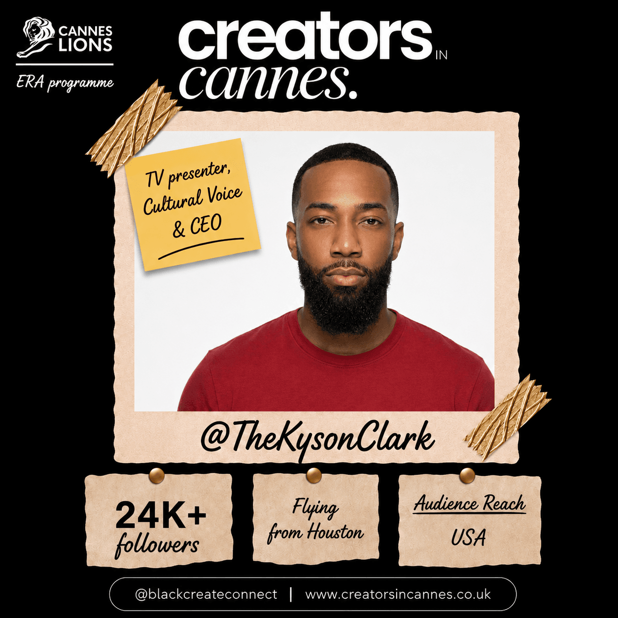 Promotional graphic for Kyson Clark, a TV presenter and CEO, for Creators in Cannes.